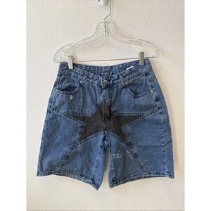 Romwe Women's 8/10 Patchwork Star Baggy Denim Jean Shorts Jorts